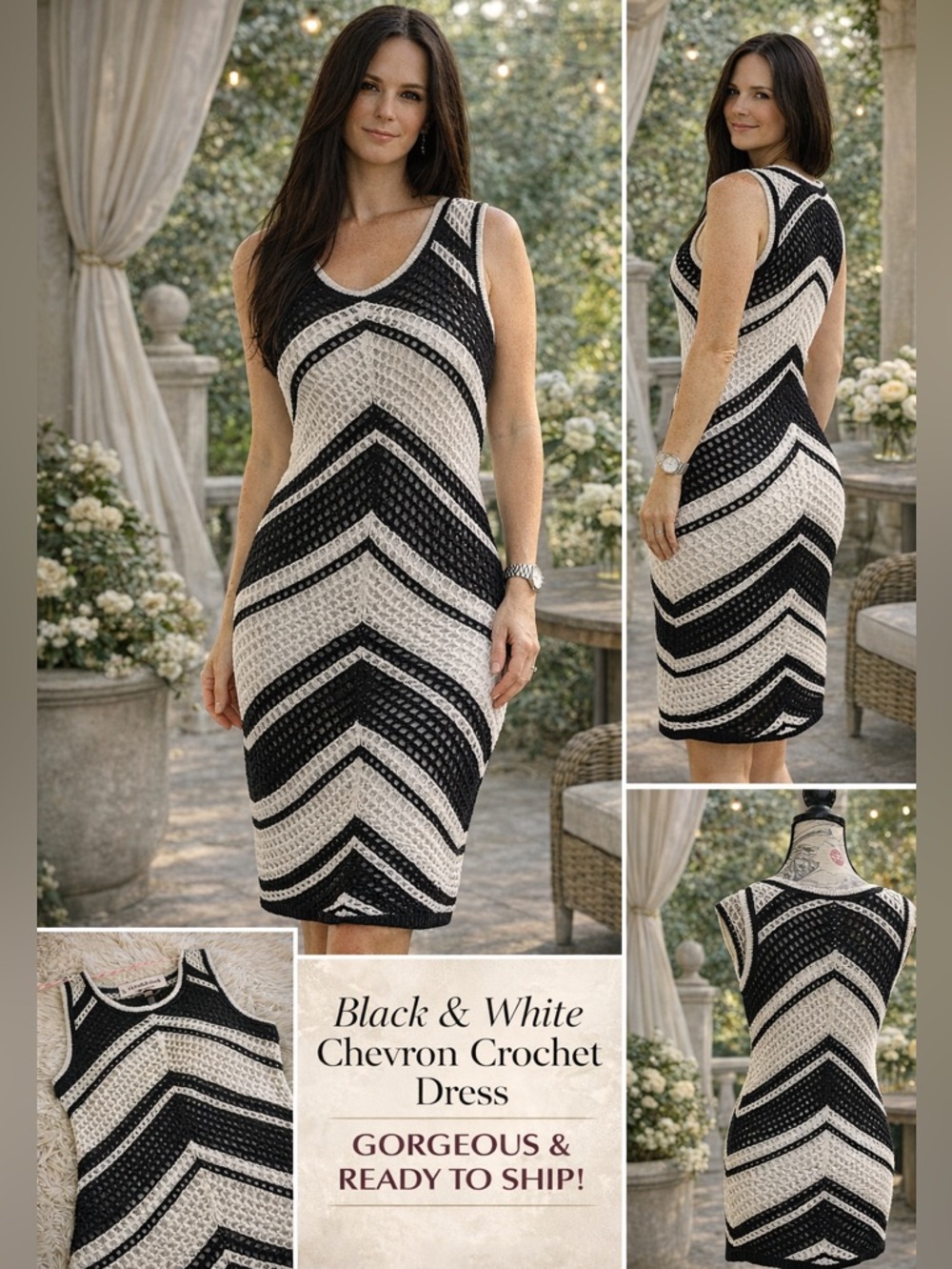 “Chevron Crochet Dress Knee-Length Sleeveless…” - Picture 2 of 10